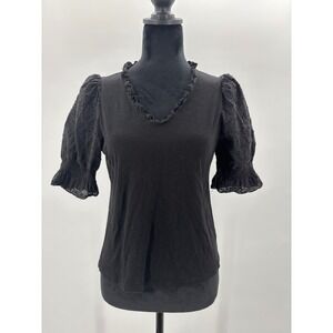 DESIGN HISTORY Black Textured Puff Sleeve Ruffle V Neck Top Women's XS